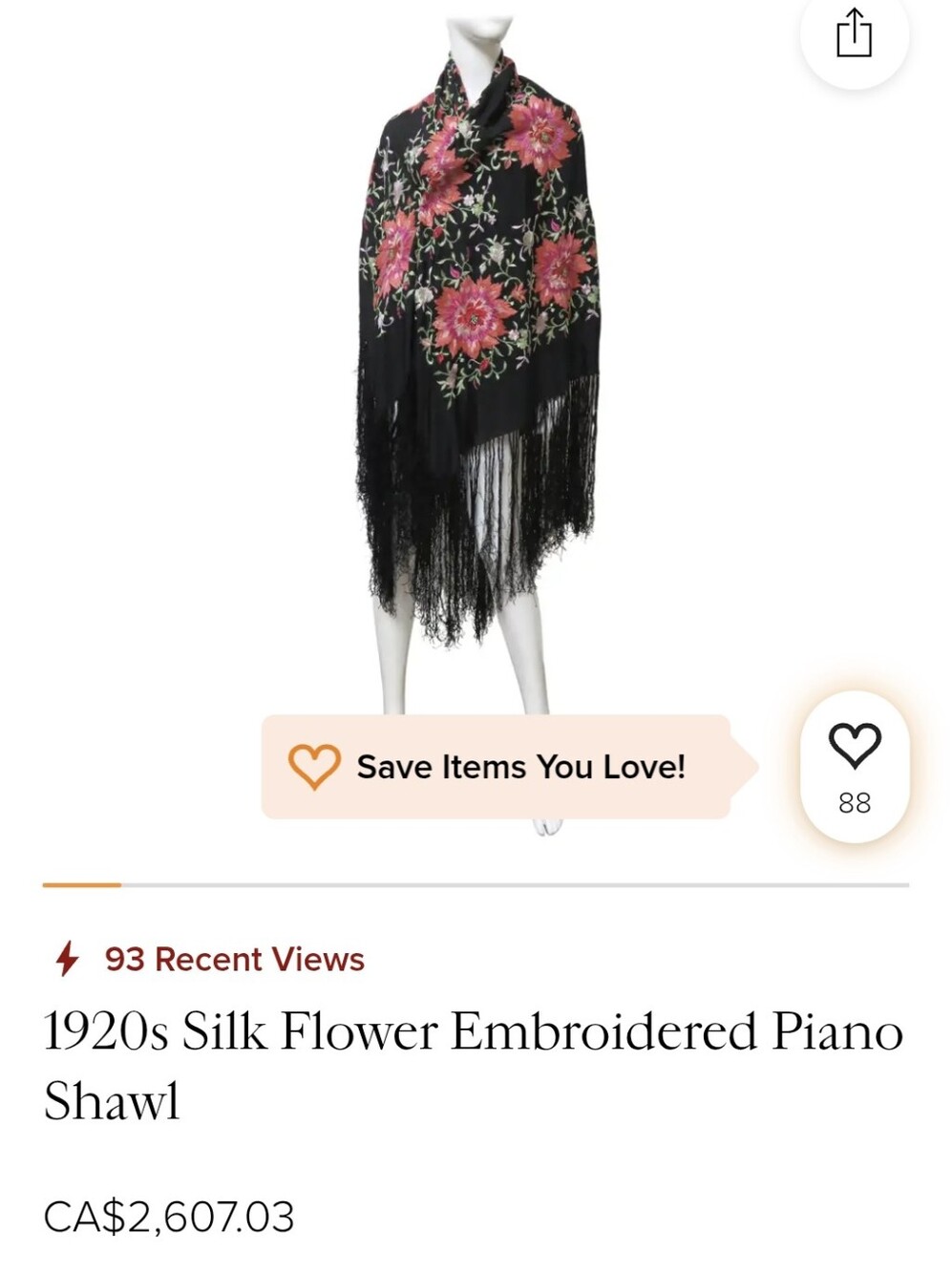 Large Black Floral Embroidered Fringe Silk Piano Shawl 4x4 - Picture 15 of 15